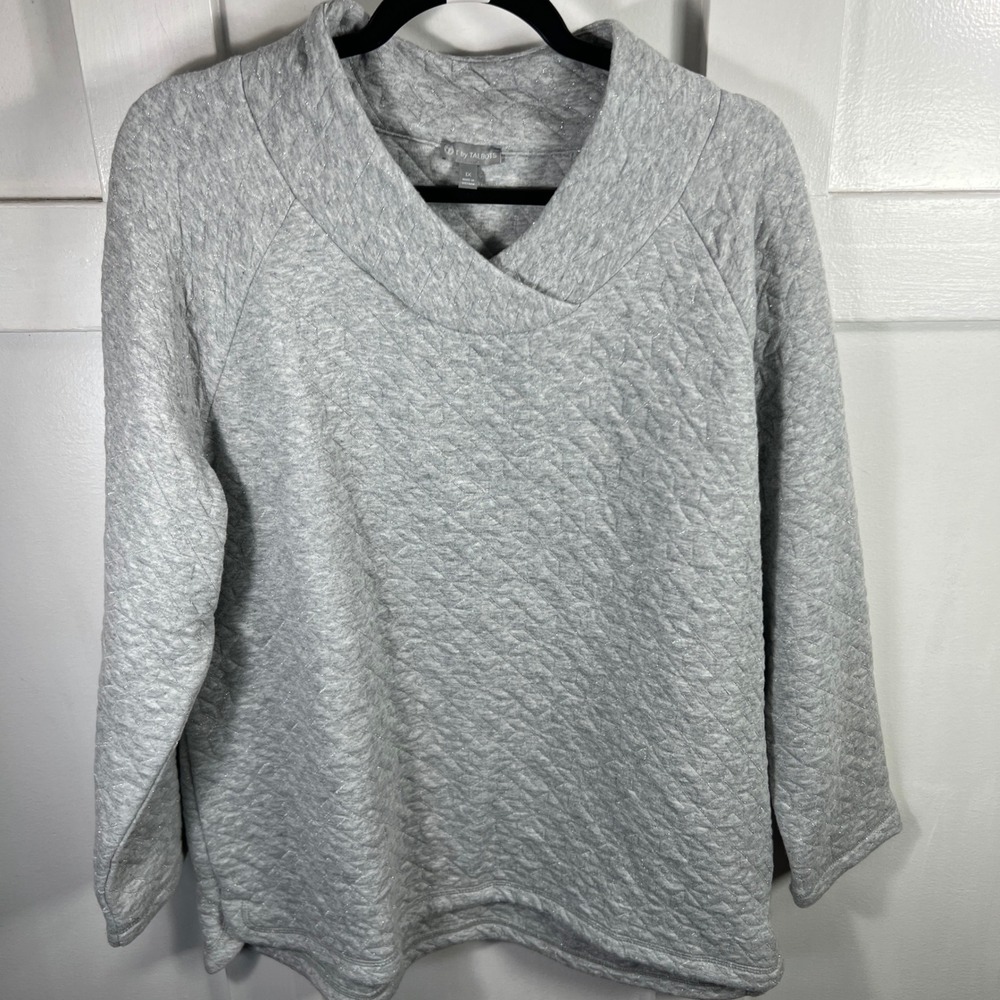 T by Talbots Gray Quilted Metallic Shimmer Crossover V-Neck Sweatshirt 1X